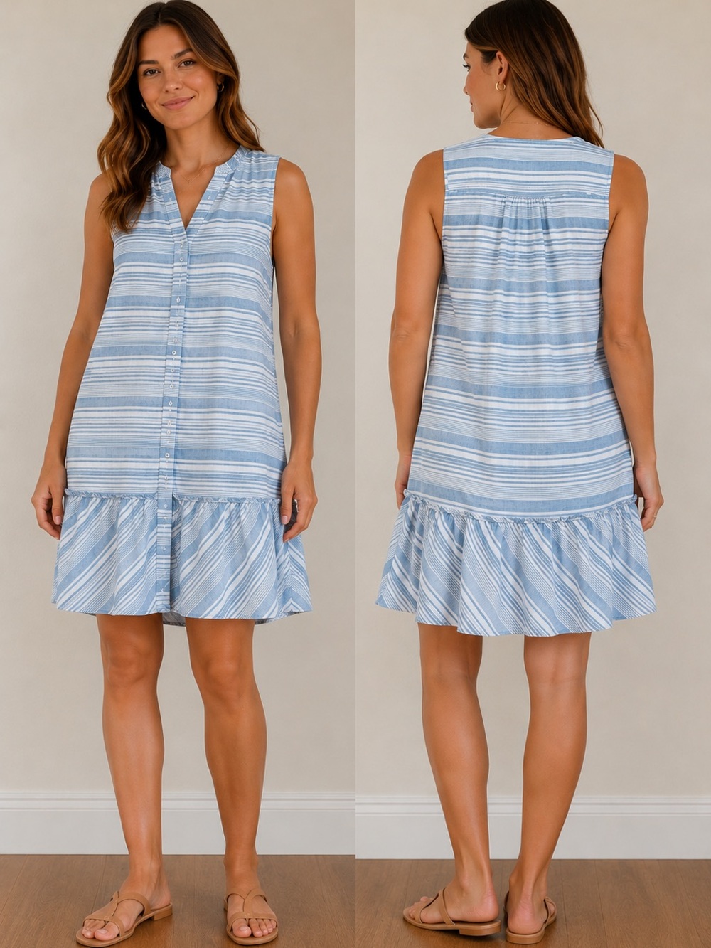 Sharagano Women's Striped Sleeveless Longline Blue Peplum Dress Size Large